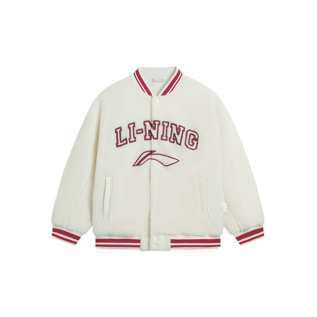 Li Ning Color Block Trim Stripes Letter Logo Sherpa Fleece Lined Jacket Unisex Ivory AFDSD31-1
