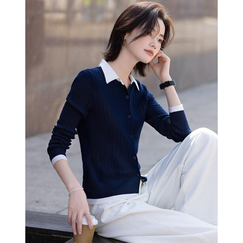 Women's Contrast Lapel Wool Blend Twist Knit Cardigan
