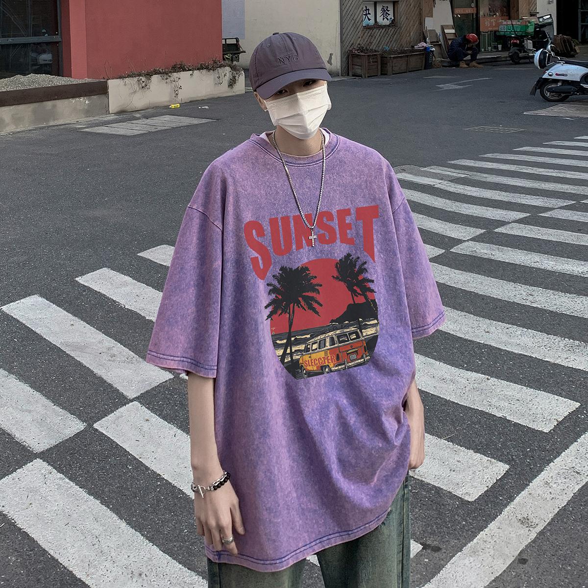 

S-5XL, 280 г/м2, 100% хлопок, винтажная футболка с кислотной стиркой, уличная одежда, короткие топы в стиле панк, футболки 5XL фиолетовый