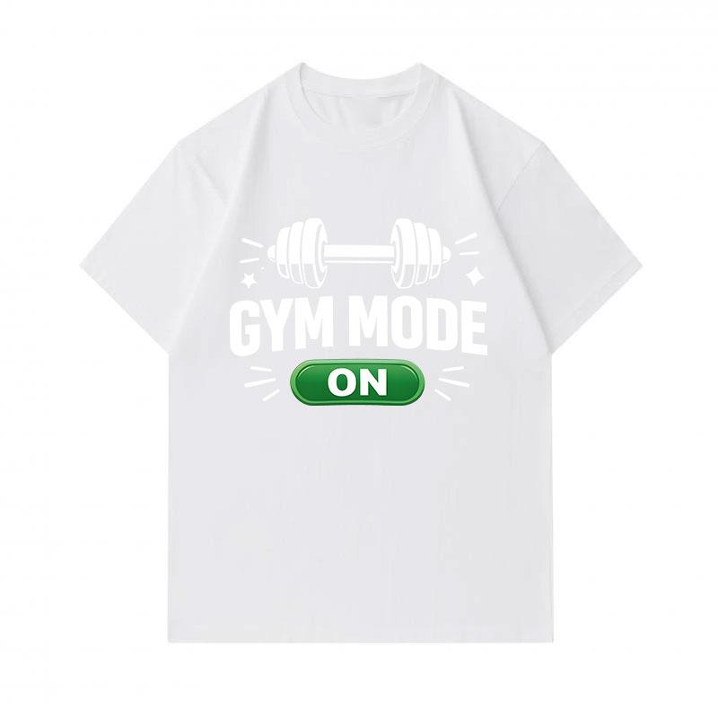 Mens 100% Cotton Crew Neck Short Sleeve T-Shirt, Casual Funny Gym Mode On Dumbbell Print Tees, Fitness Workout Athletic Pullover Tops for Daily Gym We