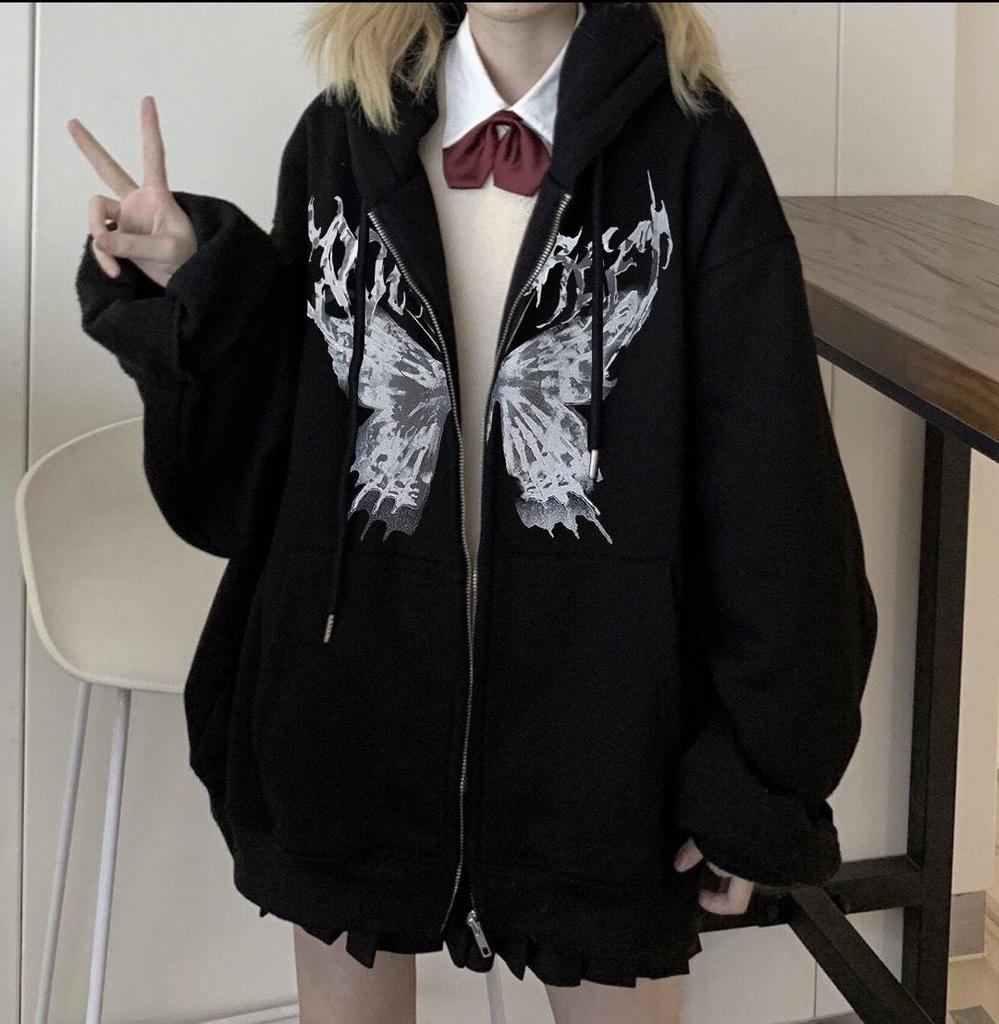 Harajuku Y2K Teufelsflügel Hoodie Jacke in Schwarz – Unisex Herbststil mit Reißverschluss und Kapuze