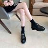 Sheepskin version~ leather lock black retro round head loafers women's thick heel British style small leather shoes Oxford single shoes