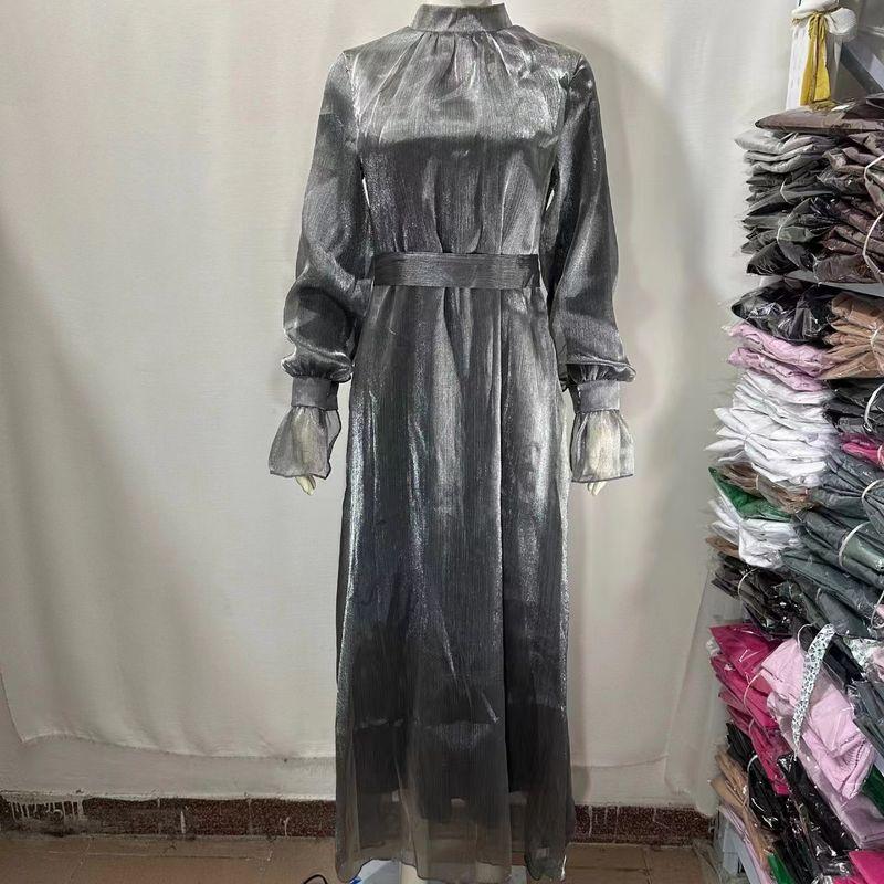 

Европейское и американское новое платье из яркого шелка с полувысоким воротником, высокой талией и шнуровкой, платье с рукавами-пузырями и шнуровкой Silver Gray L