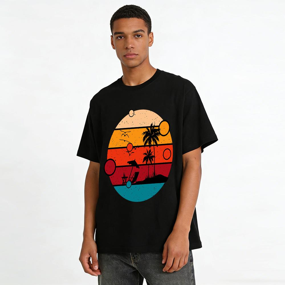 Vintage Sunset Beach Vacation Style Printed Casual T-Shirt Pure cotton T-shirt