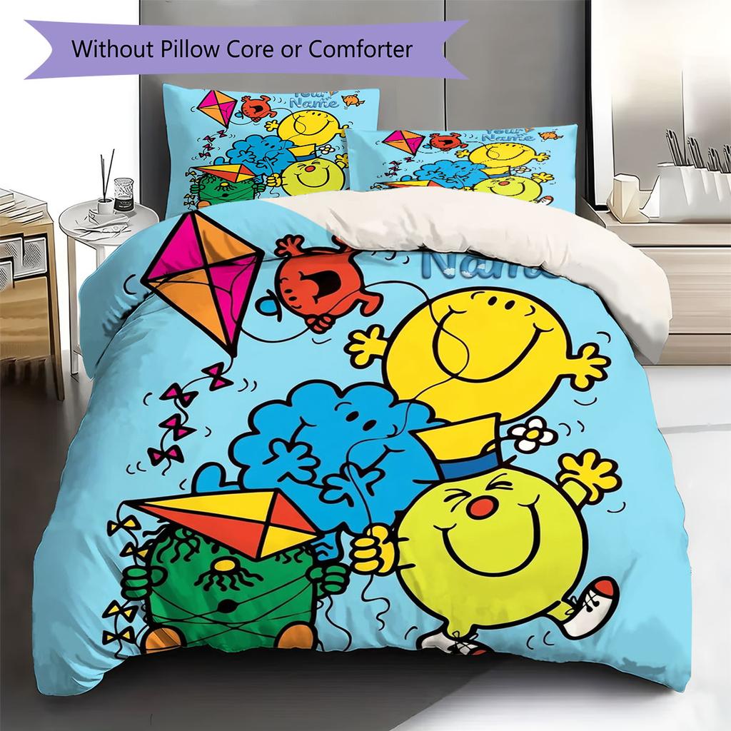 Mr. Men Little Miss Custom Name Pattern Bedding,Quilt Set Quilt Cover Pillowcase Home Birthday Gift(1 * duvet cover + 2 * pillowcase, without core)