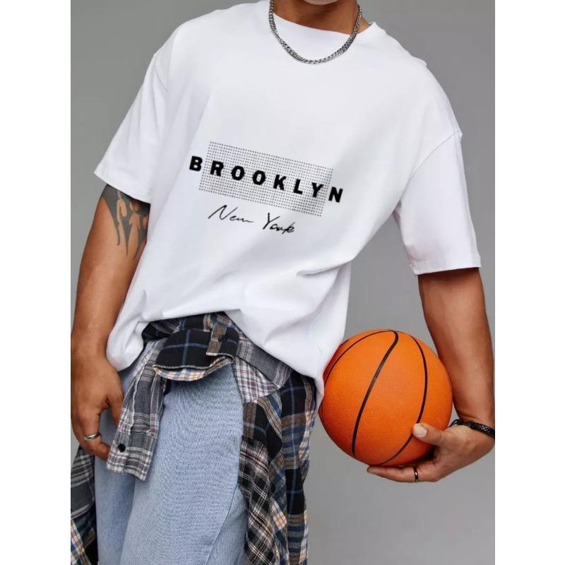 Crewneck T Shirt White Brooklyn New York Graphic Print Casual Streetwear Men's Fashion Top