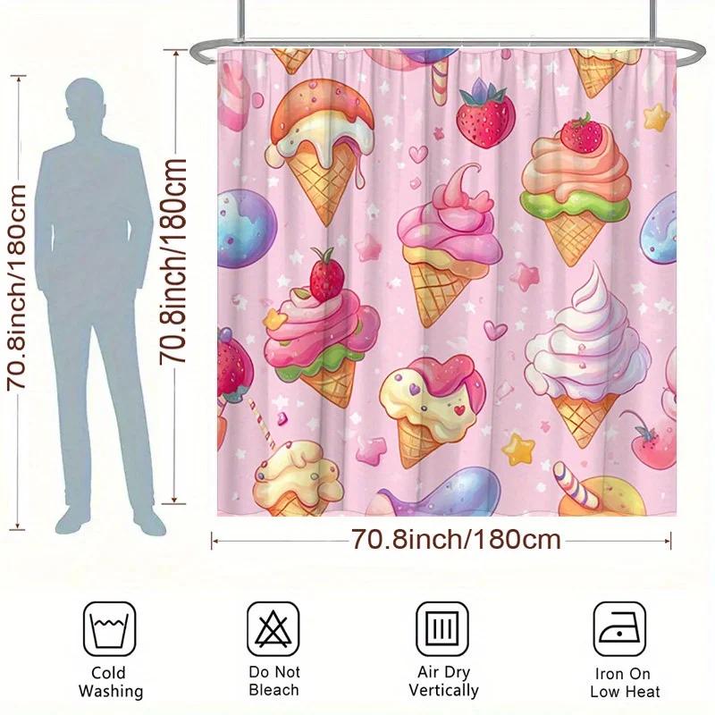 Ice Cream & Strawberry Shower Curtain - Fun Dessert Theme, Polyester Woven, Washable, Includes Bathtub Curtain