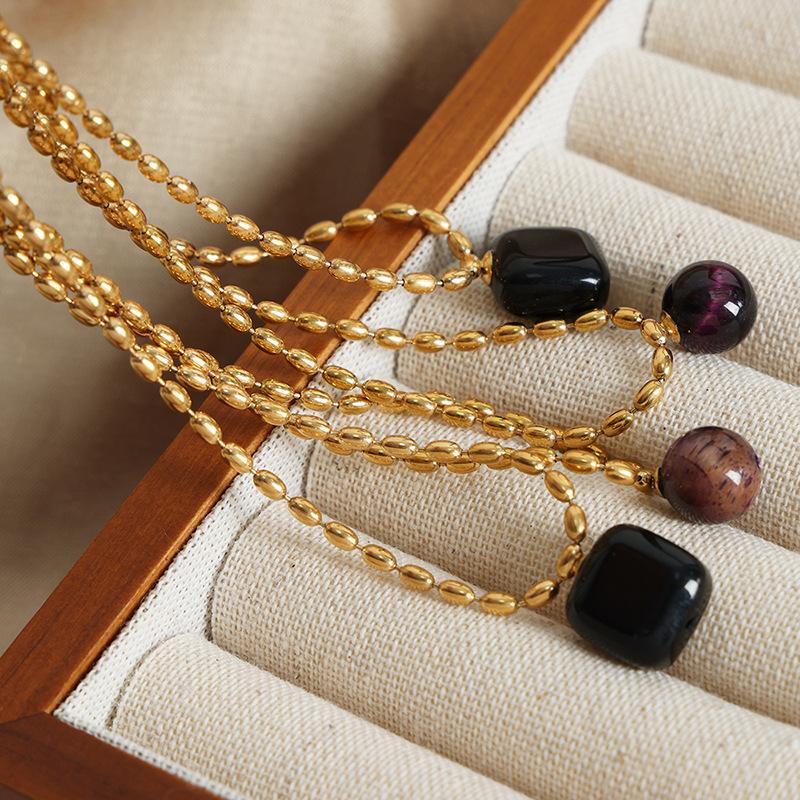 Vintage Naturstein Achat Anhänger Halsketten für Frauen 18K vergoldet Edelstahl Reisperlen Damen Halsketten Halskette