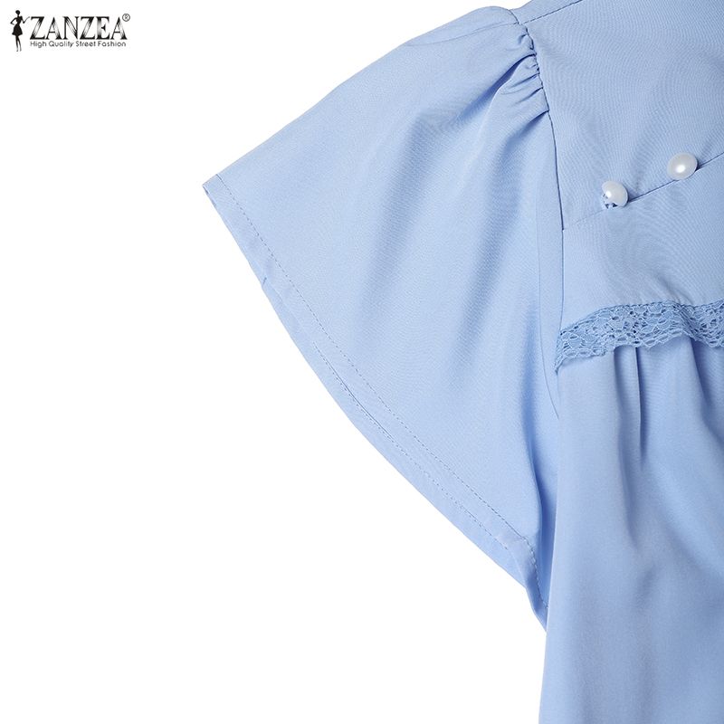 ZANZEA Women Elegant Casual Stand Collar Solid Color Loose Short Sleeve Dress