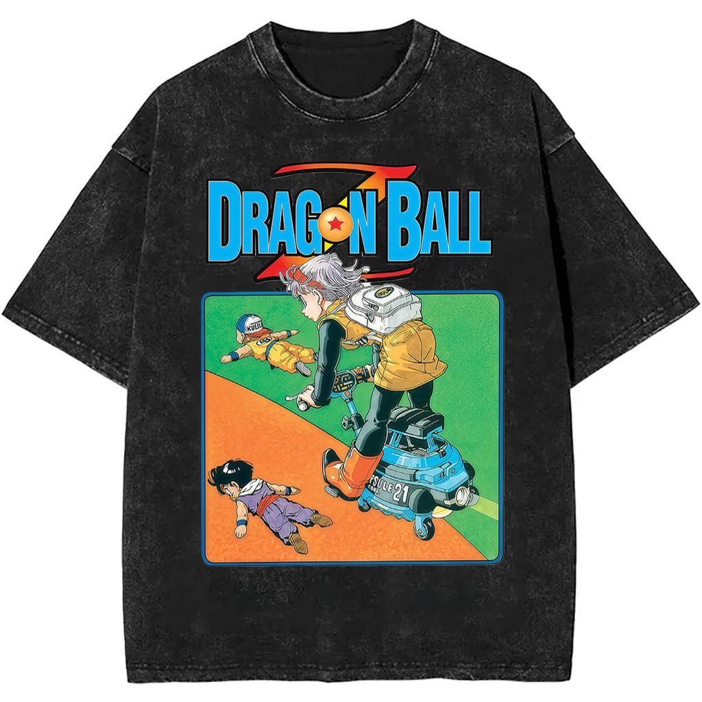 2026 Summer Dragon Ball Nostalgic T-Shirt 100% Cotton Heavyweight Washed Retro Oversized Men's Anime Print Streetwear Unisex