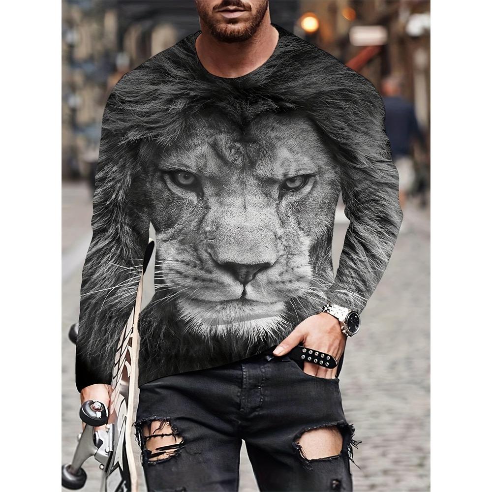 Black And White Lion Print Long Sleeve T-shirt Spring/Autumn Men's Daily Casual Long Sleeve Top Street Fashion Long Sleeve Top