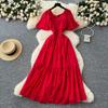 French retro square neck small flying sleeves waist hot diamond chiffon dress women's summer thin temperament drape long skirt
