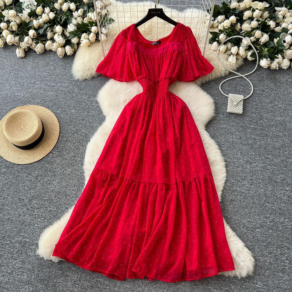 French retro square neck small flying sleeves waist hot diamond chiffon dress women's summer thin temperament drape long skirt