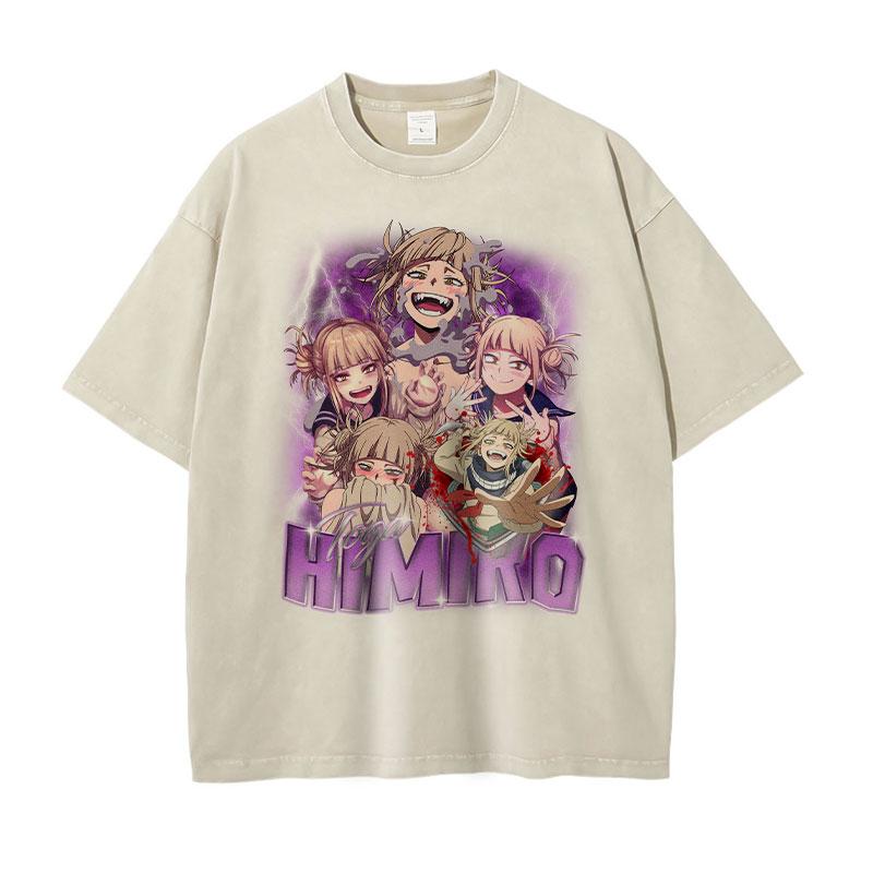 Himiko Toga Print Tshirt Vintage Washed My Hero Academia Anime Graphic T Shirts Oversized Harajuku Washed Tshirt Men Women Tees