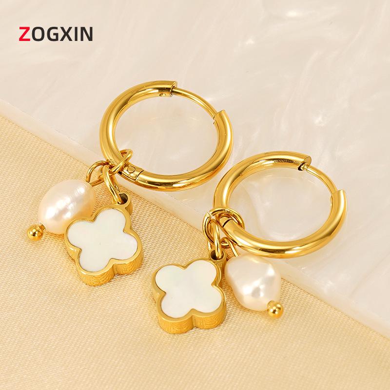 18K Gold-Plated Stainless Steel Clover Pearl Earrings - European & American Fashion for Women