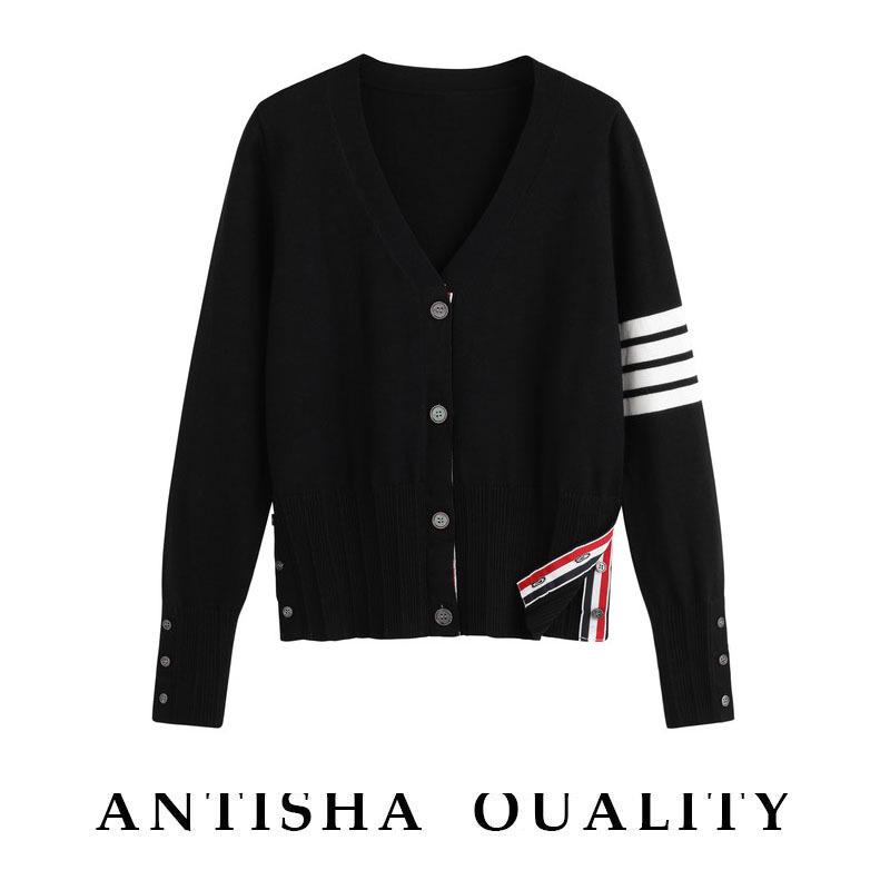 

Женский модный кардиган крупной вязки с четырьмя полосками - трендовый свитер в стиле колледжа для весны и осени One Size чёрный