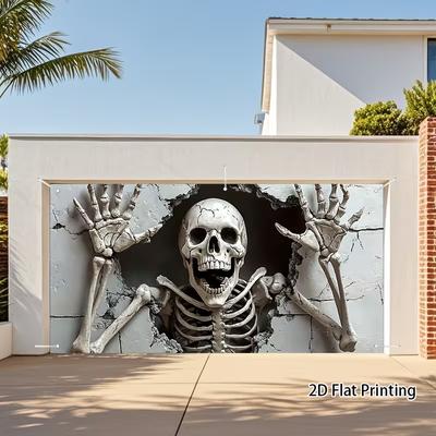 2D Flat Skeleton Breakthrough Garage Banner, Scary Halloween Photo Backdrop
