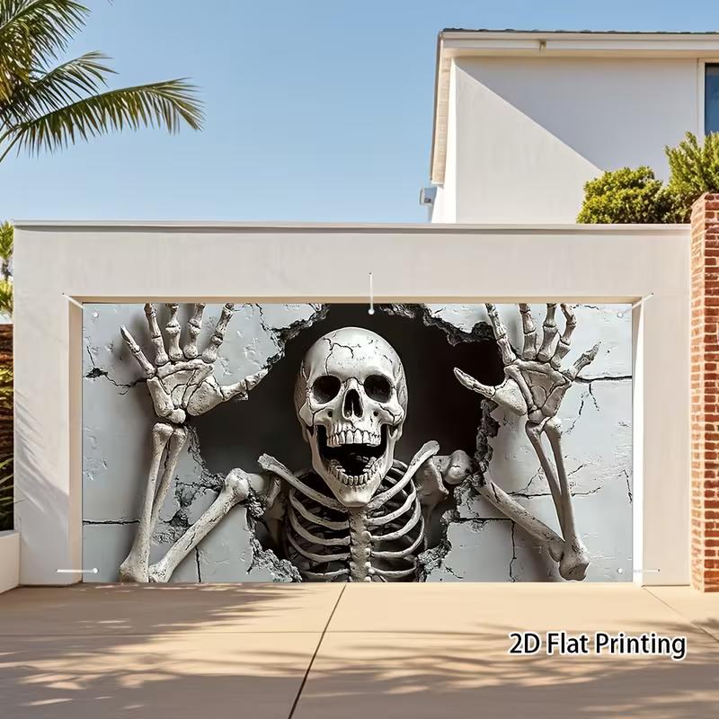 

2D Flat Skeleton Breakthrough Garage Banner, Scary Halloween Photo Backdrop 47.2x31.5inch/120*80cm