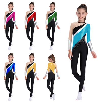 Justaucorps de gymnastique pour filles Design color block métallique Col rond Manches longues Fermeture éclair invisible au dos Justaucorps