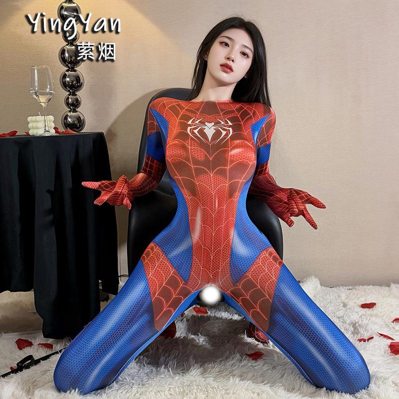 Smoke lingerie seduction spider-man cosplay uniform hot passion open crotch free home pajamas