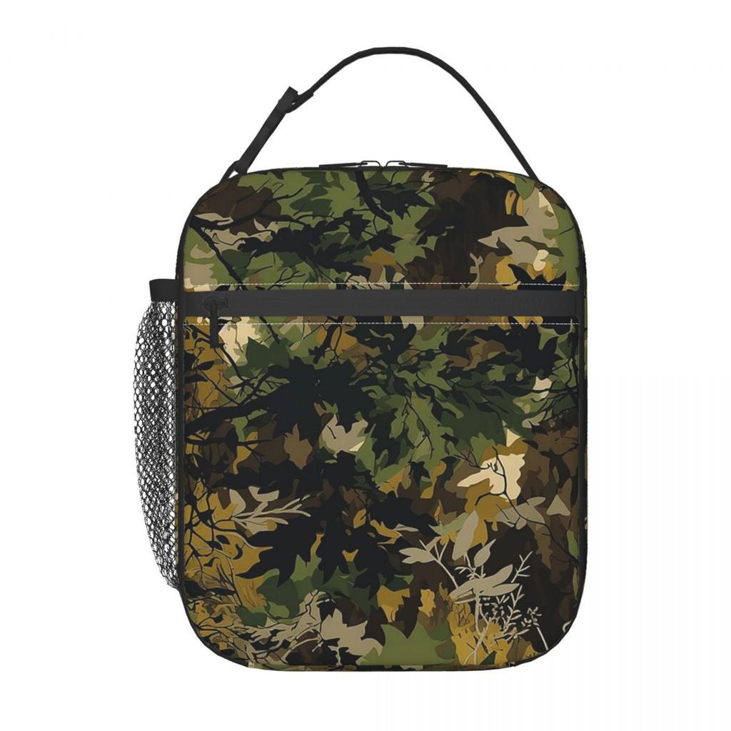 Camouflage mit Blatt- und Astmuster Isolierte Lunchtasche für Damen Kinder Tragbar Lebensmittelboxen Thermische Lunchbox Tragetasche