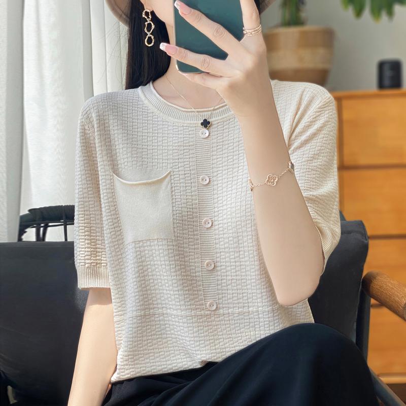 Women Knit T-shirt Summer Knitted Shirt Short Sleeve Tees O-neck Pullover Knit Tops Female