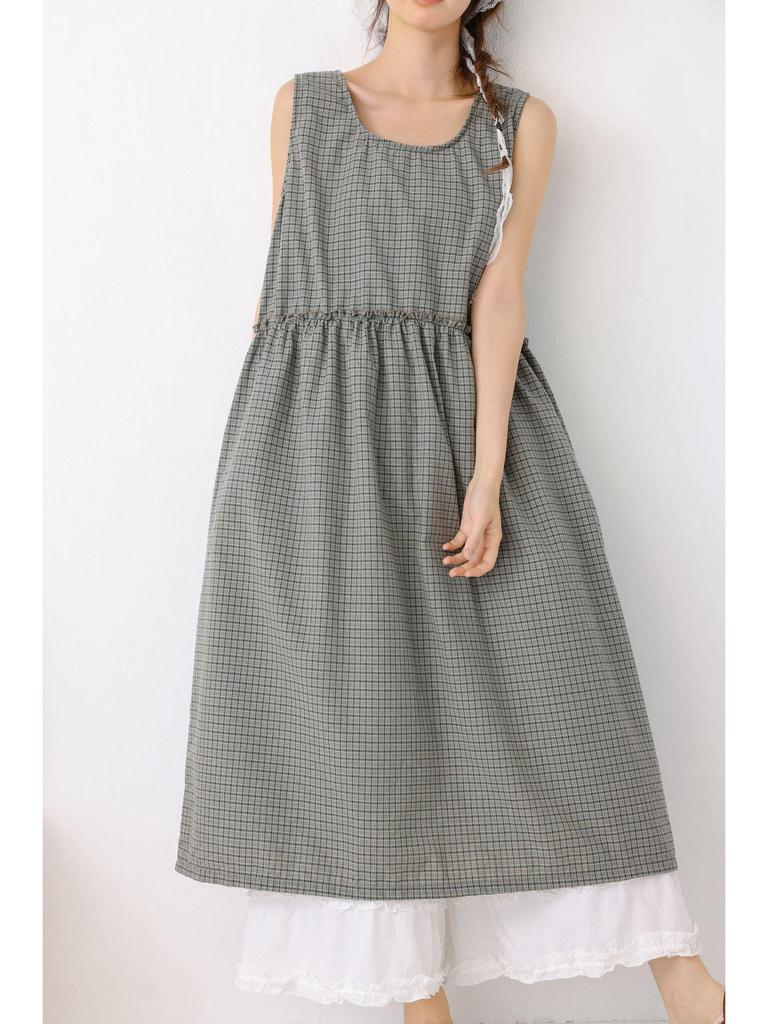 2026 Spring Artistic Sleeveless Layered Long Vest Dress - Fresh Japanese Plaid Design