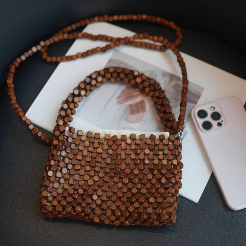 Handwoven Beaded Mini Square Tote Bag With Chain Strap Crossbody Shoulder Women Daily Street Style