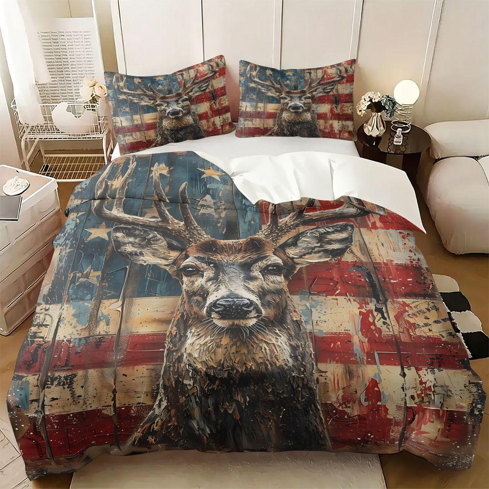 2/3Pcs American Flag Deer Print Duvet Cover Set 1 Duvet Cover & 1/2 Pillowcase Rustic Cabin Bedding Set Farmhouse Home Decor