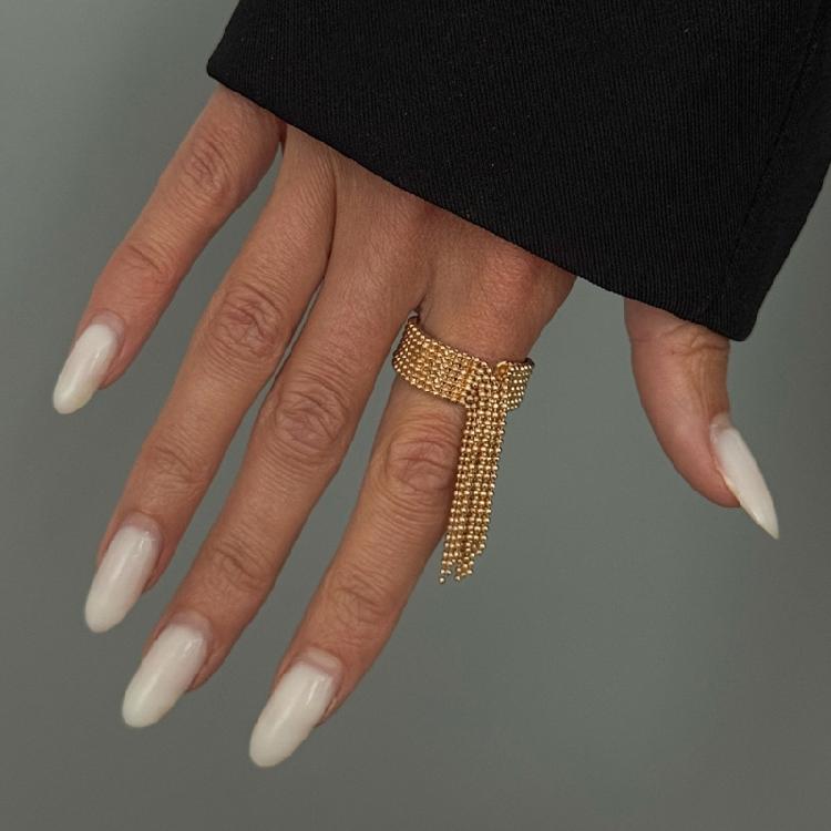 Party Outfit Ring with Flowing Drop Detail, Bead Chain Statement Design and Open Metal Tone Fit for Streetwear