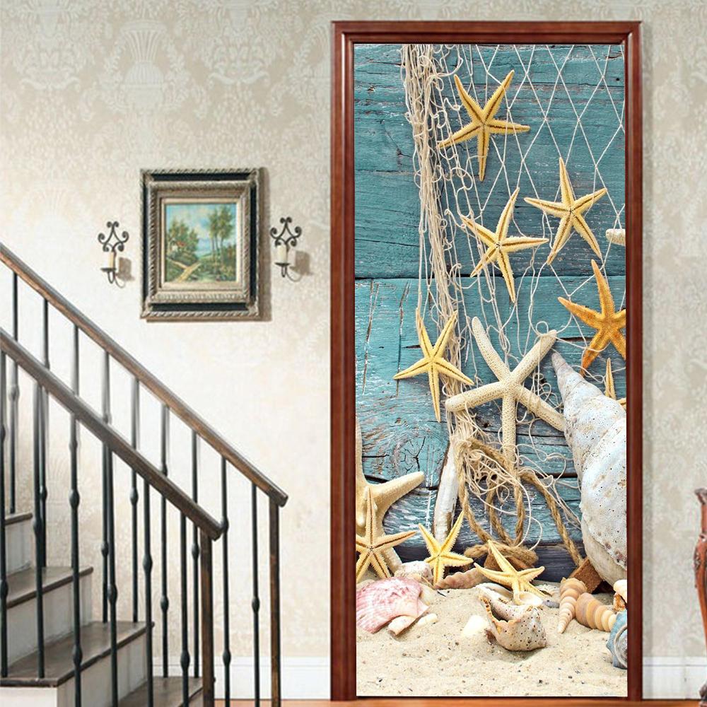 

1 шт. Пейзаж Ракушка Пляж Веранда Виниловая Наклейка на Дверь Для Спальни Домашний Декор Самоклеящаяся Съемная Наклейка на Стену Реновация Двери Водонепроницаемый Постер 77x200cm
