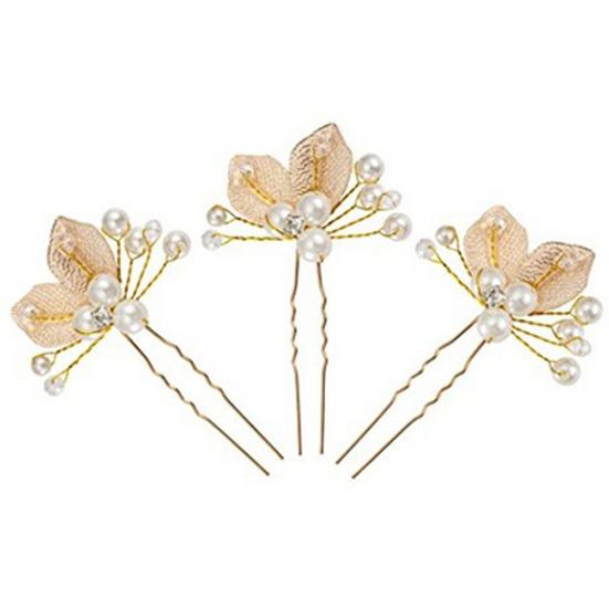Bridal Wedding U Shape Leaf Rhinestone Faux Pearl Hair Stick Hairpins Gifts