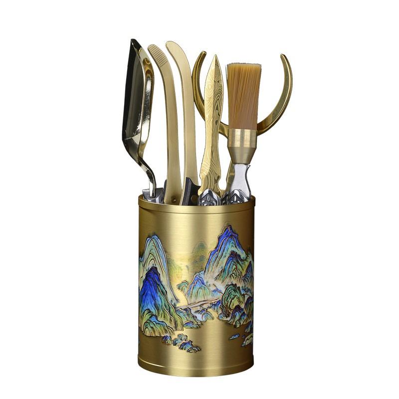 Hand-Painted Brass Tea Ceremony Six Tools Set Japanese Style Gongfu Accessories Teaspoon Tongs Pick