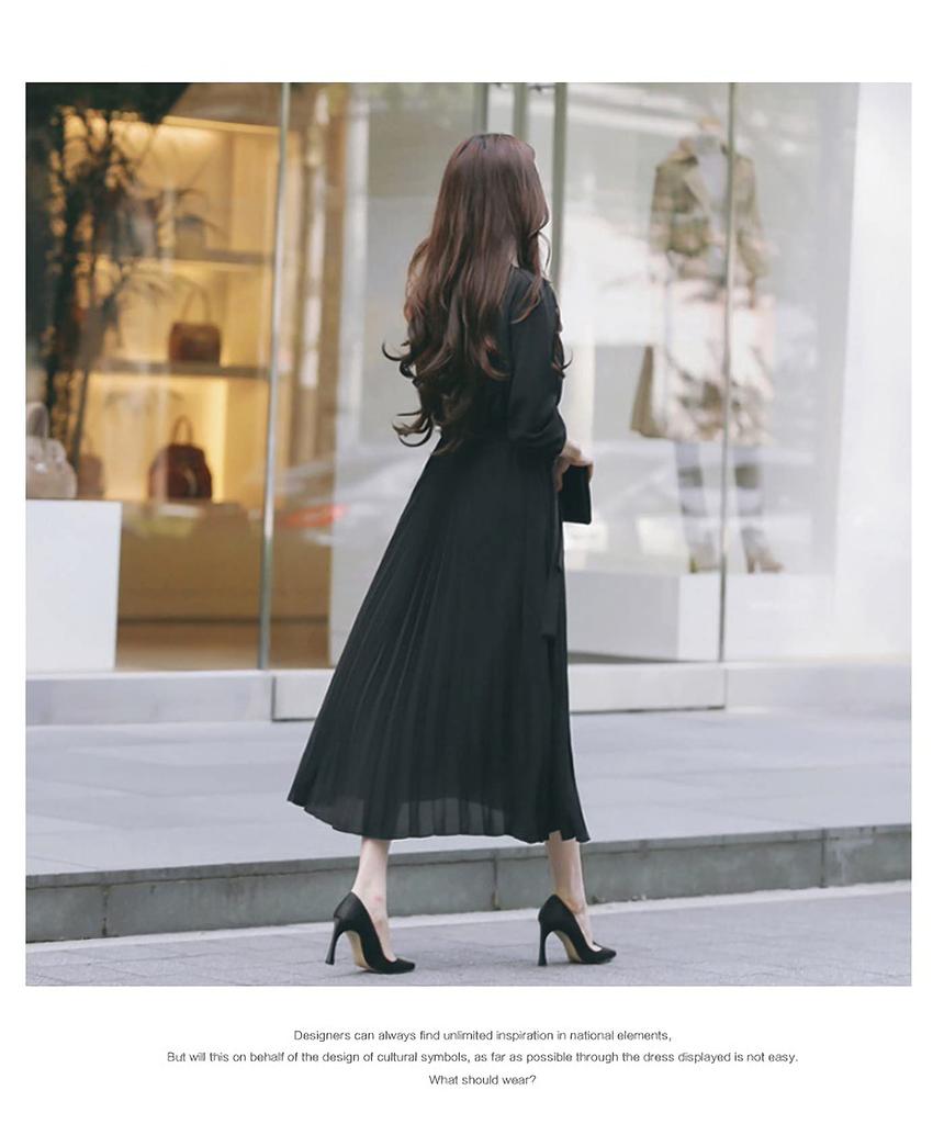 Autumn and Winter Long Sleeve Pleated Dress Fashion Plain Button Closure Long Dress with Waistband and Belt [JINJUDUO] Women's (Black, M)