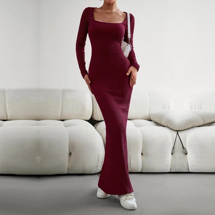 Herbst Damen Einfarbig Slim Fit Strickkleid Langarm Eckiger Ausschnitt