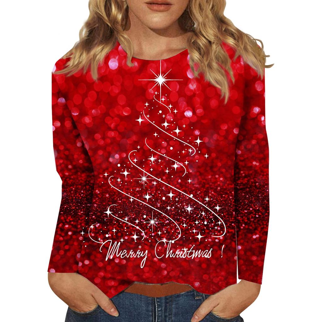 Women's Fashion Casual Long Sleeve Christmas Print Round Neck Pullover Top Blouse