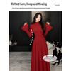 Women's Red Slim Knit High-Neck Dress with Inner Layer - Perfect for Autumn & Winter, New Year Outfit.