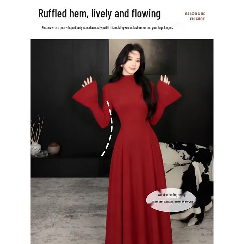 Women's Red Slim Knit High-Neck Dress with Inner Layer - Perfect for Autumn & Winter, New Year Outfit.