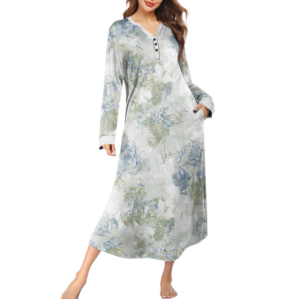 Damska koszula nocna długa odzież wypoczynkowa dekolt V sukienka nocna z kieszeniami