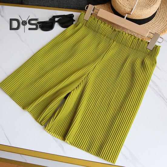 Women Shorts Elastic High Waist Ribbed Design Solid Color Casual Loose Fit Shorts Summer Wide Leg Shorts