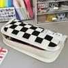 Kawaii Aesthetic Simple Black White Plaid Canvas Pencil Case Student School Stationery Bag