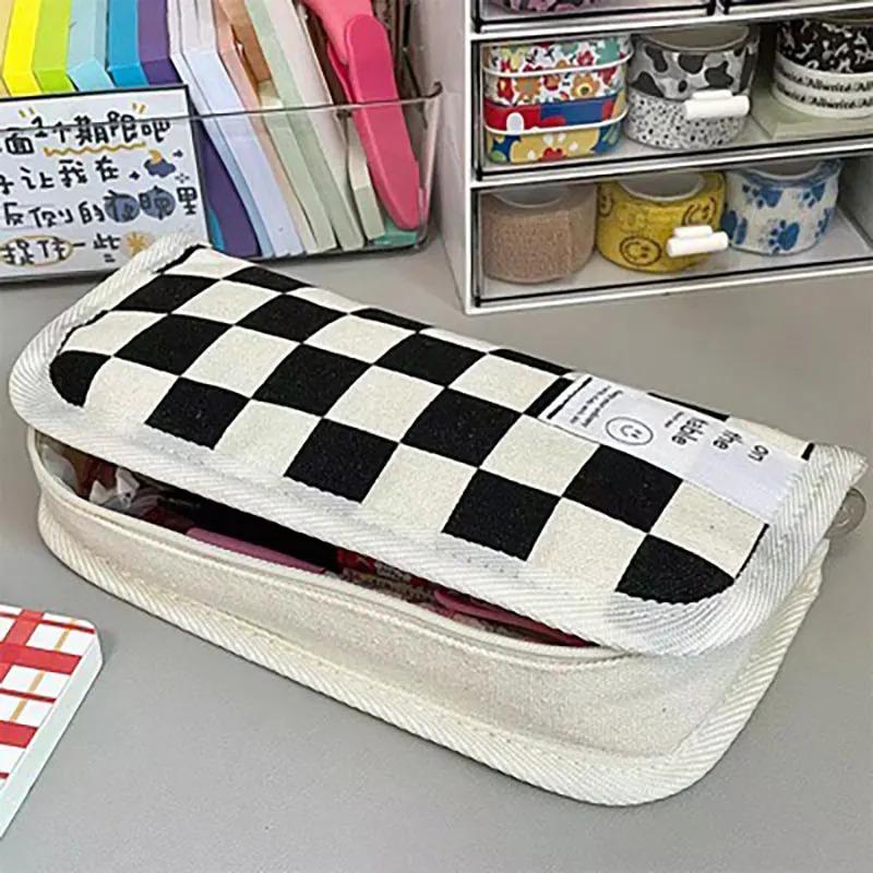 Kawaii Aesthetic Simple Black White Plaid Canvas Pencil Case Student School Stationery Bag