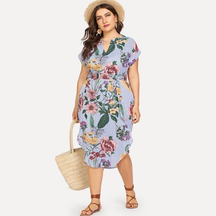 

Женское летнее платье больших размеров с V-образным вырезом, коротким рукавом, высоким поясом и длинным полосатым принтом L-4XL L синий