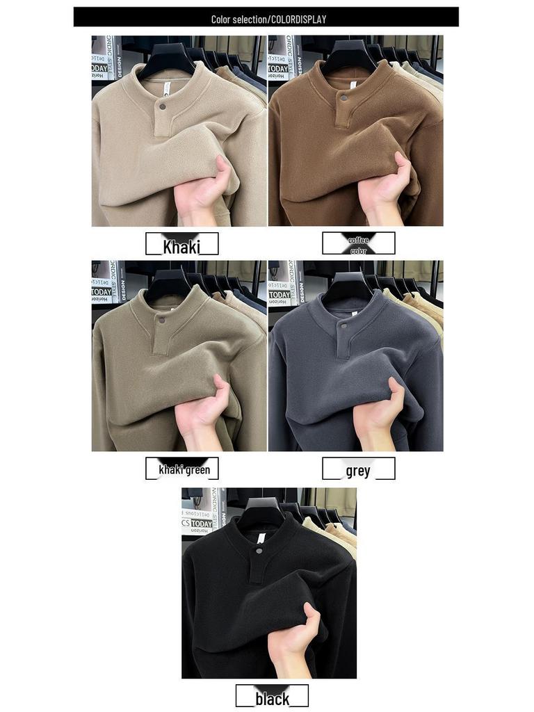 Men's Double-Sided Coral Fleece Hoodie with Henley Collar - Thickened Plus Velvet, Warm Autumn/Winter Casual Base Layer.
