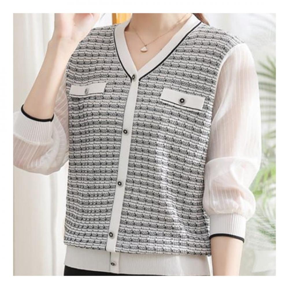 NaVaVa Women S Check See Through V Neck 7 8 SleeVeS Knitted Sweater Nk2024