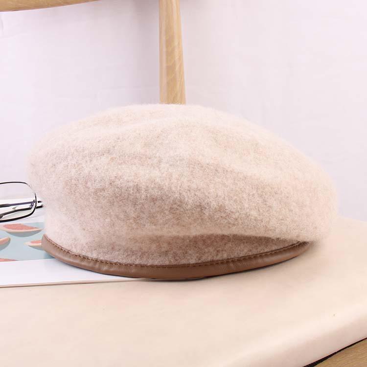 Autumn and Winter Women Ins Fashion Versatile Solid Color Pu Leather Edge Bud Hat Woolen Painter Hat British Retro Beret