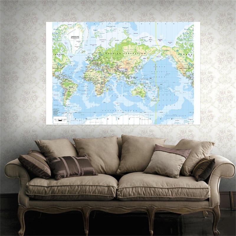 Without Frame English-World Map-Geographic Map with Cities Backdrop,Travel Supplies,for Classroom,Dorm,Office Decor