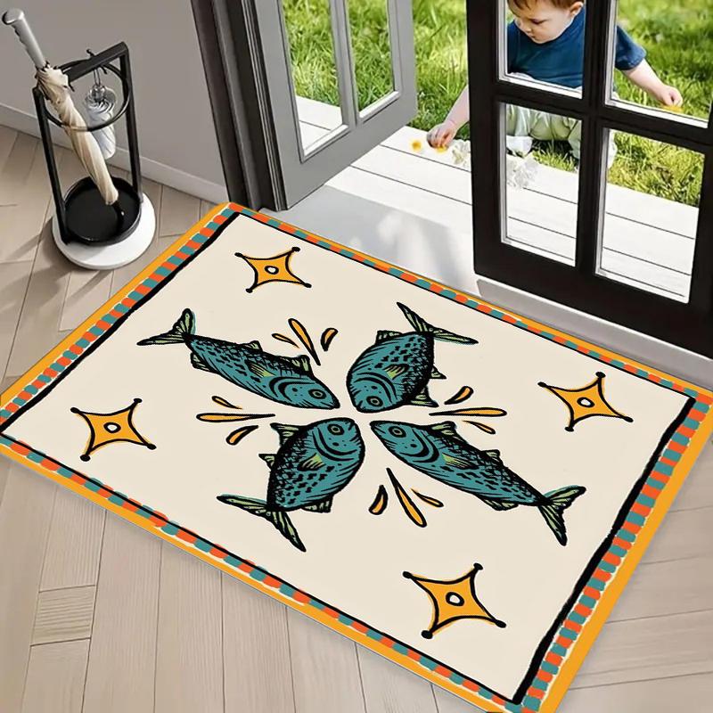 Abstract Geometric Fish Print Doormat, Mid-Century Modern Ocean Floor Mat for Entryway Bathroom Nautical Home Decor Carpet
