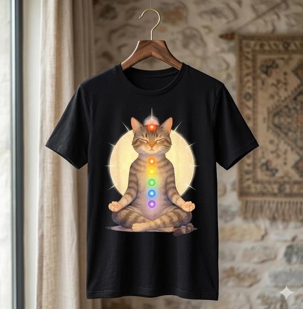 Unisex Adult Casual Graphic Meditating Chakra Cat Yoga Spiritual Ca... L