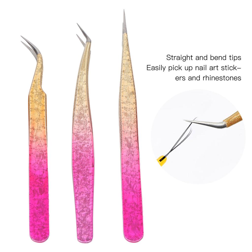 3pcs Nail Art Tweezer Stainless Steel Straight Bend Tips Manicure Rhinestone Nipper Gradient Color